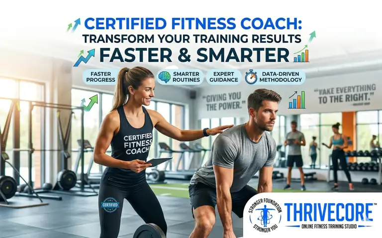 Certified fitness coach guiding a client during weight training in a modern gym, promoting faster and smarter training results with ThriveCore online fitness coaching.