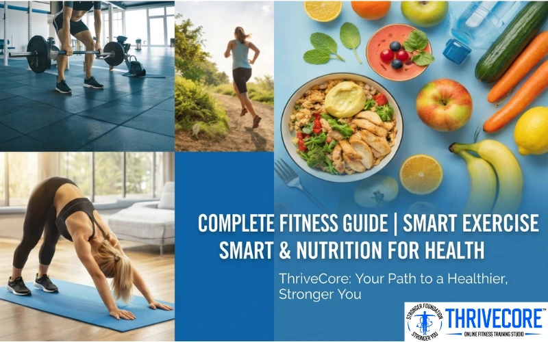 Complete fitness guide showing strength training, outdoor running, stretching exercises, and healthy nutrition for overall health.