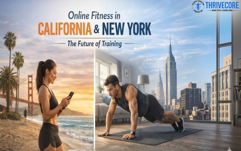 Online fitness in California and New York showing a woman using a fitness app on a California beach and a man doing push-ups at home in New York.