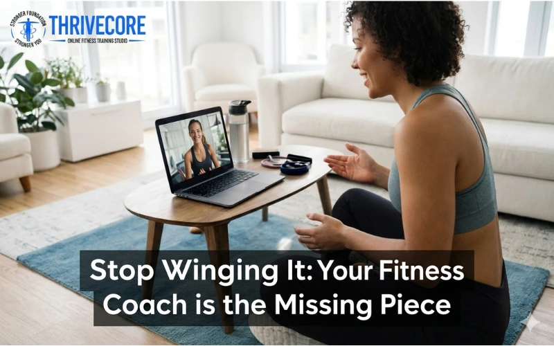 Woman attending an online fitness coaching session at home, showing how a personal fitness coach helps achieve better workout results.