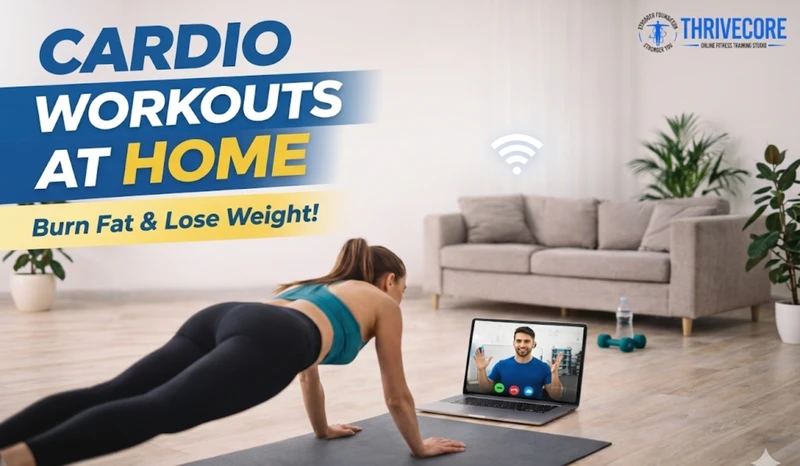 Woman doing cardio workouts at home while following a virtual fitness trainer on laptop for weight loss and fitness