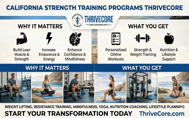 California strength training programs by ThriveCore featuring weight lifting, resistance training, mindfulness, and personalized online workouts.
