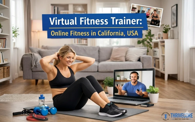 Woman exercising at home with a Virtual Fitness Trainer through an online fitness program in California, USA