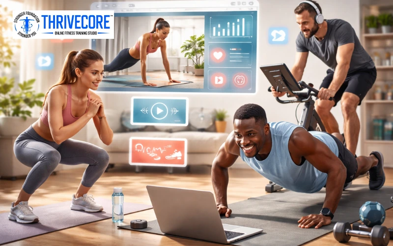 People following online fitness programs at home using a laptop and digital workout platform for strength training and cardio exercises.