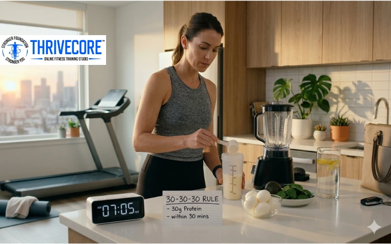 Woman preparing a high-protein breakfast following the 30-30-30 diet rule with a morning workout routine for faster weight loss