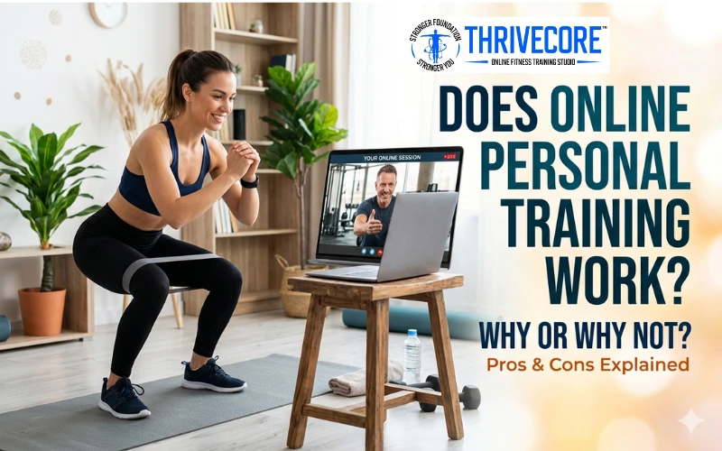 Woman doing a squat exercise at home while attending an online personal training session on a laptop with an online personal trainer.