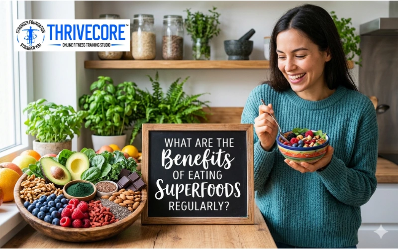 woman eating a bowl of superfoods with fruits, nuts, and healthy ingredients showcasing benefits of eating superfoods regularly