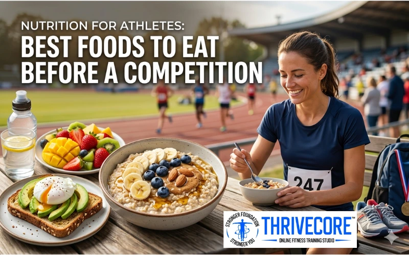 Nutrition for athletes: Showing a female runner eating a healthy pre-competition meal with oats, fruits, and avocado toast at a track field