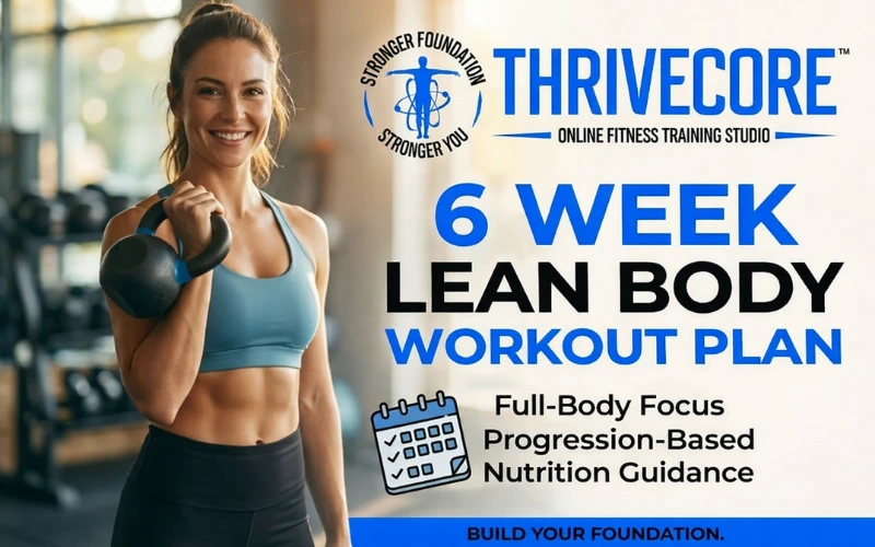 Woman holding kettlebell promoting 6 week lean body workout plan with full-body training and nutrition guidance