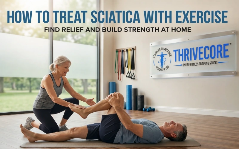 Senior couple performing guided sciatica stretch exercise at home for lower back pain relief