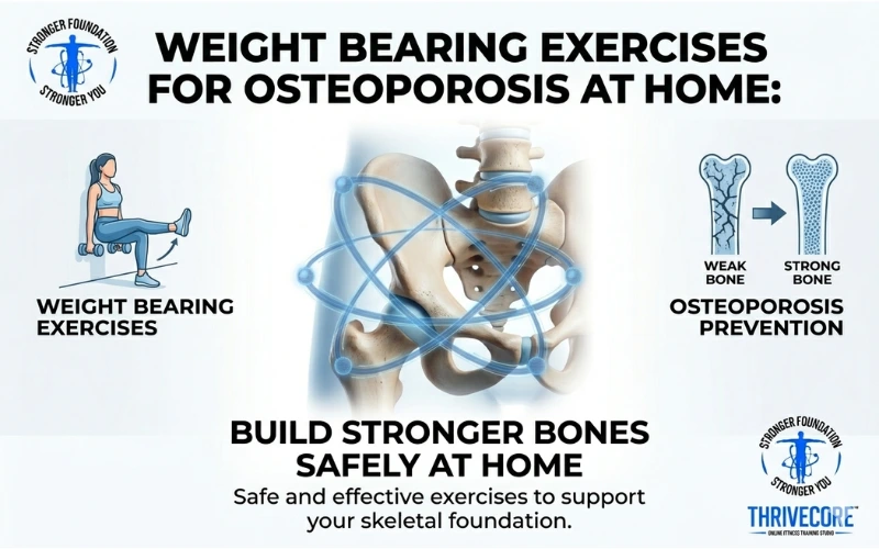 Infographic about weight bearing exercises for osteoporosis at home showing bone strengthening visuals, exercise illustration, pelvis anatomy, and weak bone to strong bone comparison.