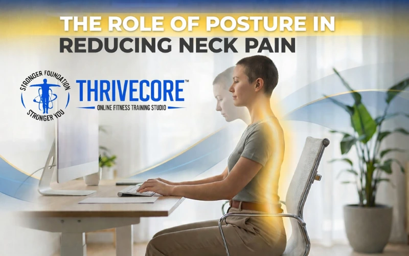 Woman sitting with correct posture at desk with ThriveCore branding and article title about reducing neck pain through better posture.