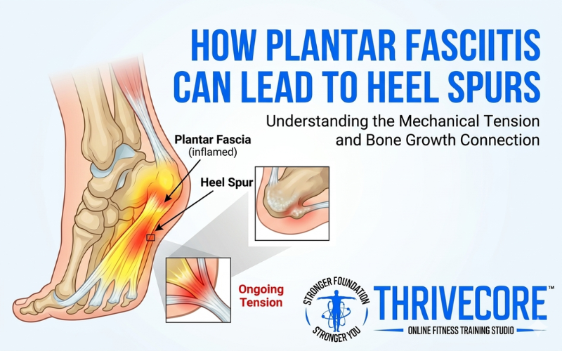 Illustration showing how plantar fasciitis can lead to heel spurs, highlighting inflammation of the plantar fascia, ongoing tension, and bone growth near the heel with Thrivecore branding.
