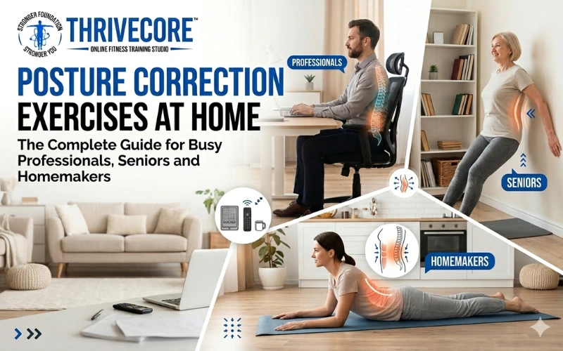 Man working at desk, senior woman exercising, and homemaker doing floor stretches for posture correction exercises at home in a modern indoor setting.