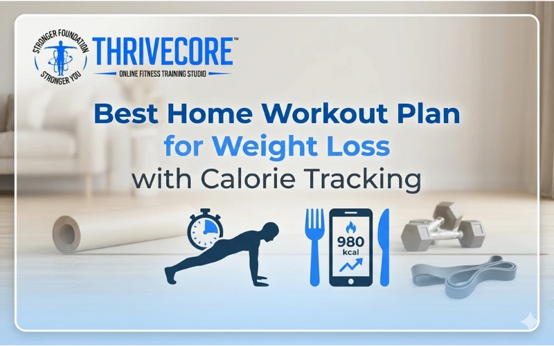 Best home workout plan for weight loss with calorie tracking featuring push-up exercise, fitness icons, and home gym setup.