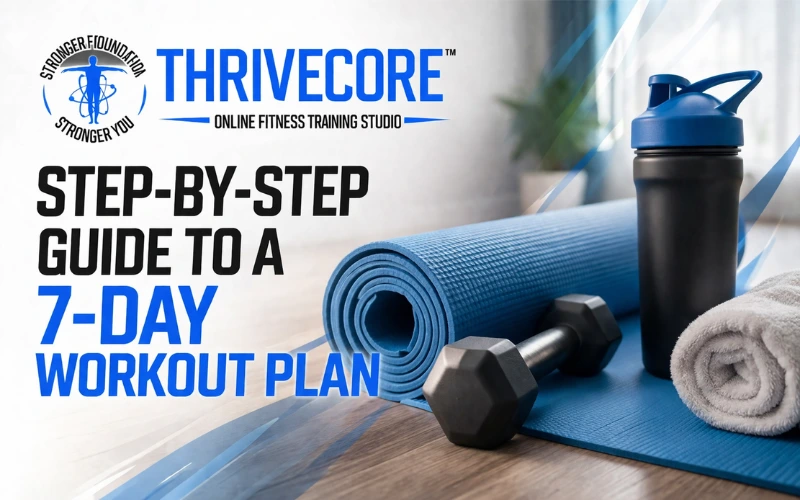 Thrivecore 7-day workout plan banner with gym equipment including dumbbells, yoga mat, water bottle, and towel in a modern fitness studio setting