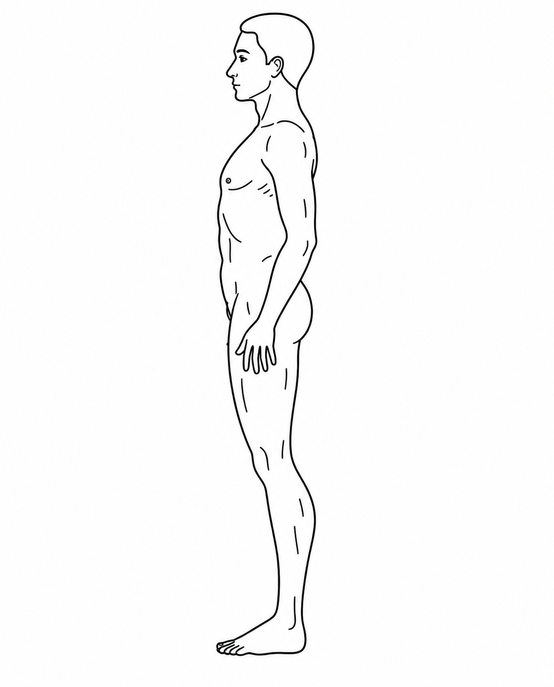 Model standing side-on, correctly framed for the AI posture screening camera